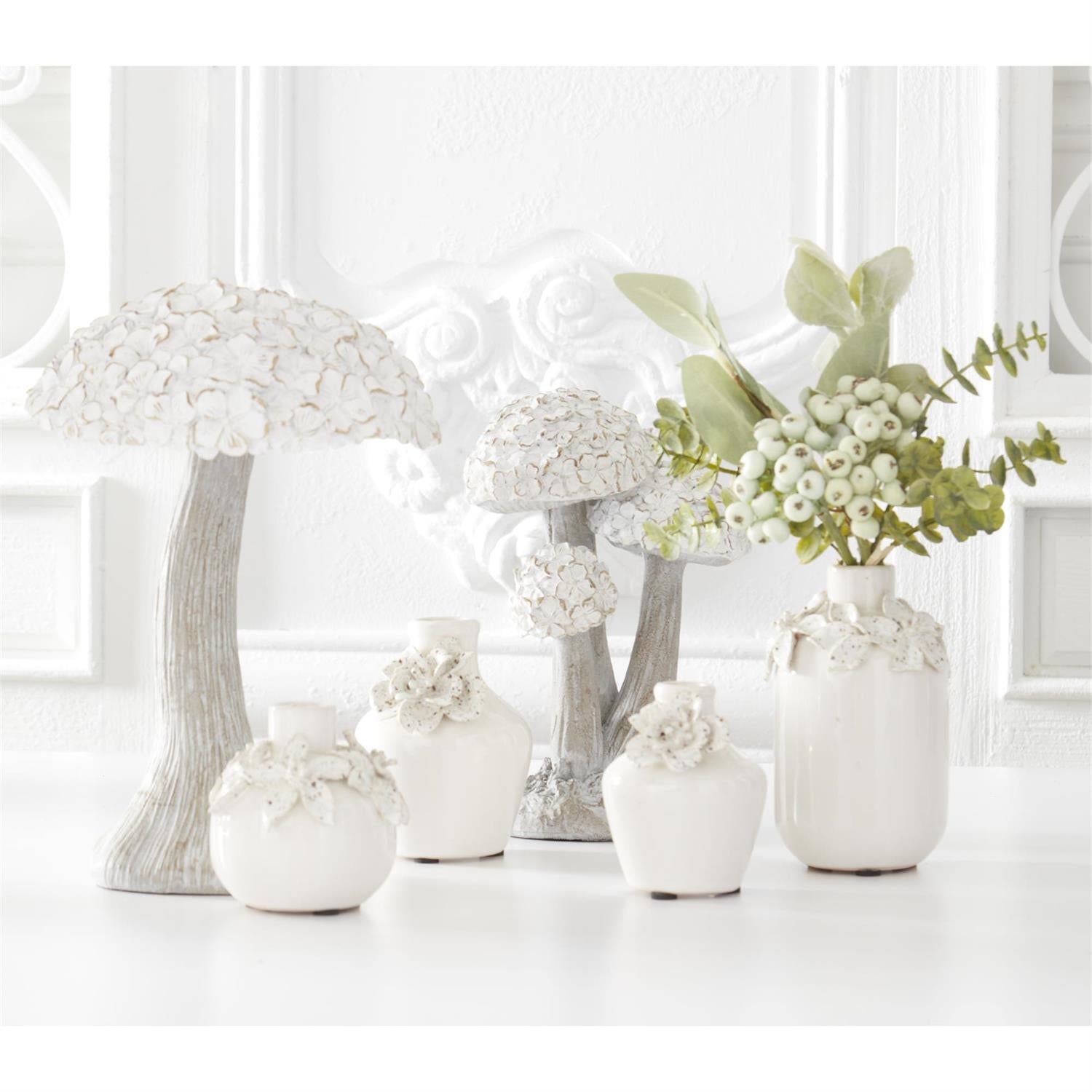 White Ceramic Vases-Raised Flowers