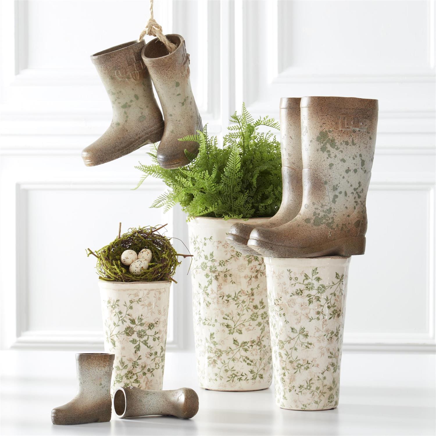 Cream & Green Floral Ceramic Pots