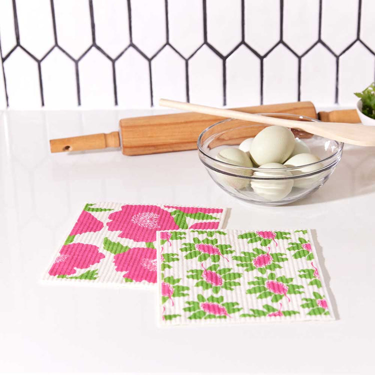 Poppies Pink - Swedish Dishcloth Set of 2